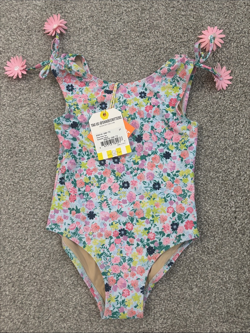 Floral Tie-Shoulder Girls One-Piece Swimsuit - Pink Multi